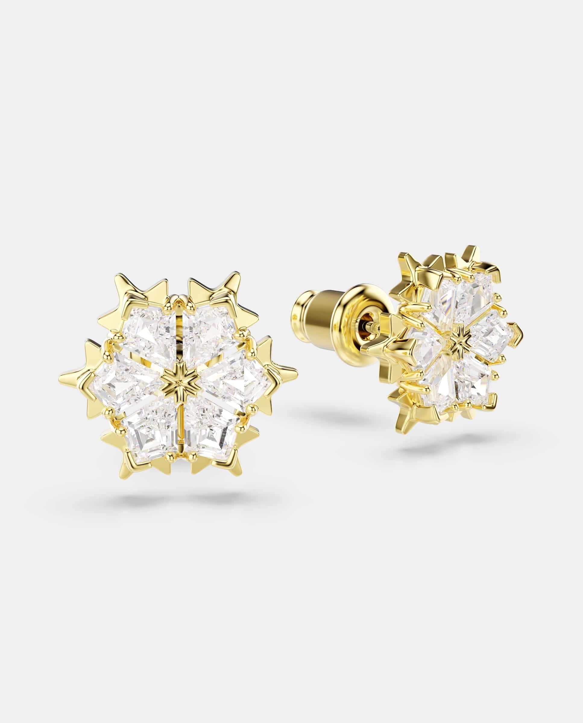Pendientes de botón magic en forma de copo de nieve acabado en oro de 18 quilates - Swarovski - Blanco Blanco-3