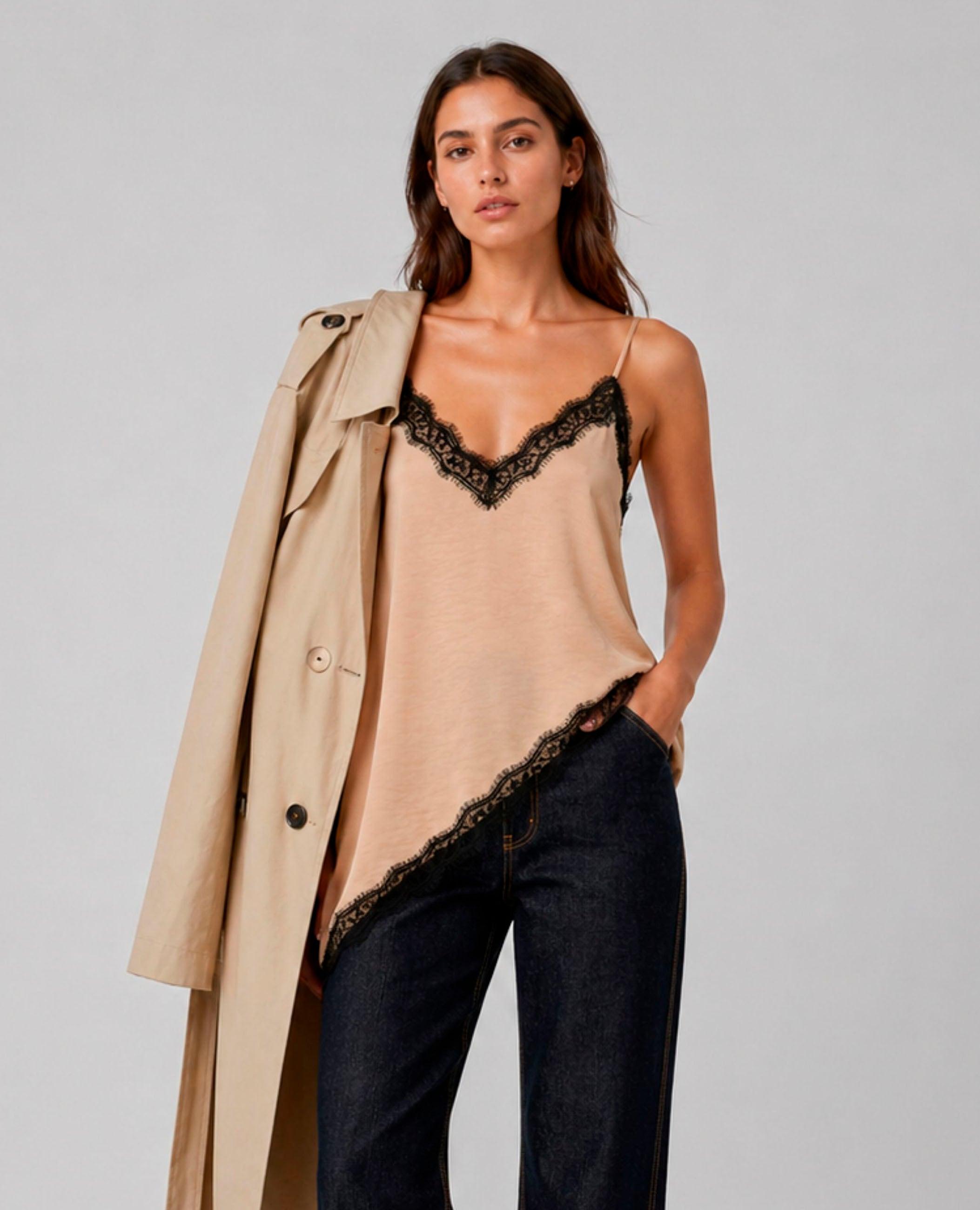 Top de mujer ayla asimétrico con encaje - Dolores Promesas - Beige Beige-1