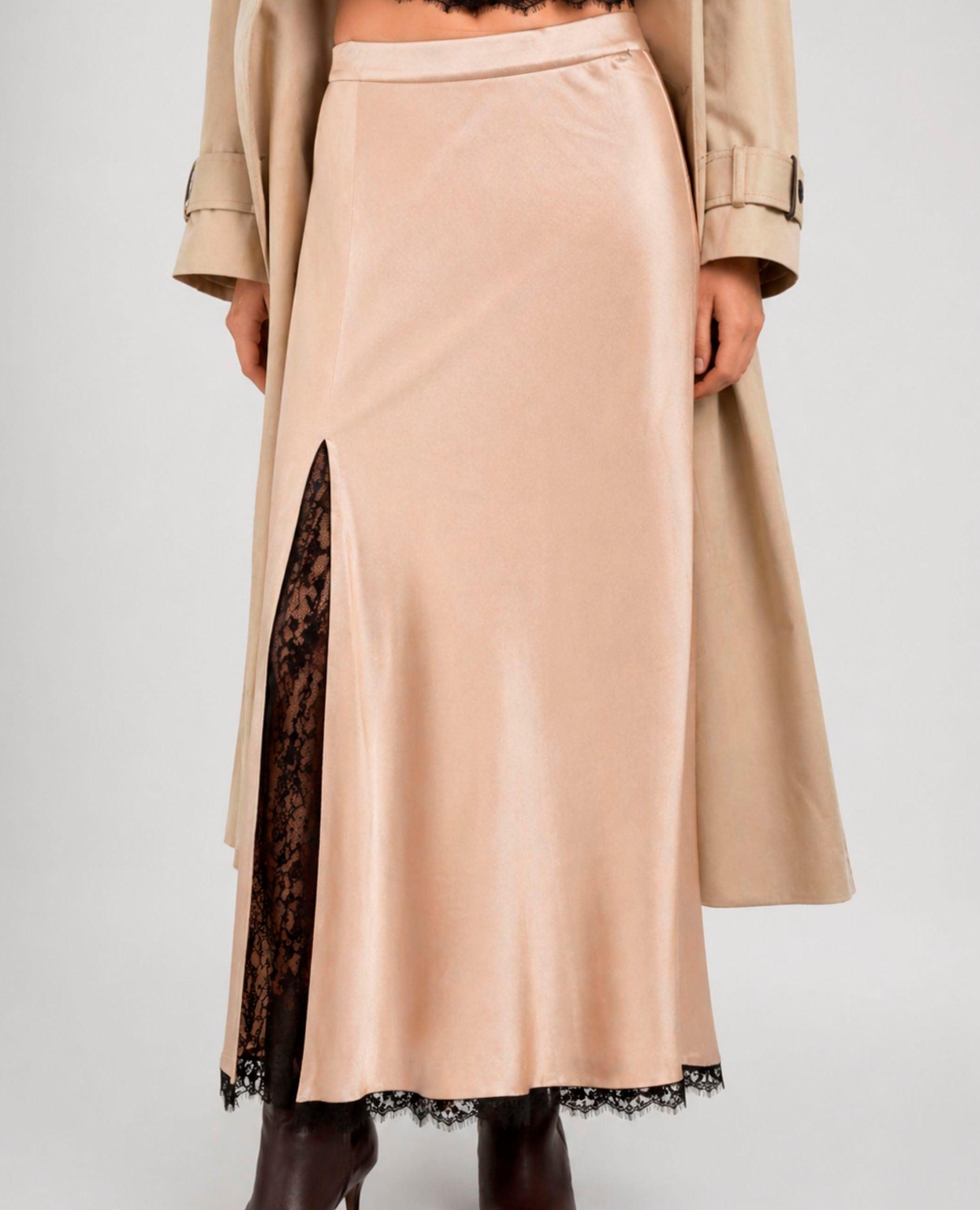 Falda midi ayla con encaje - Dolores Promesas - Beige Beige-3