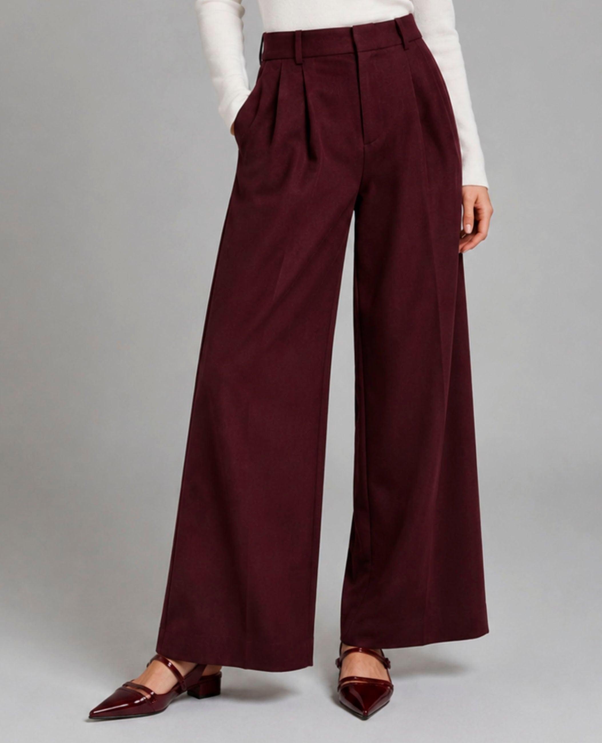 Pantalón ancho de mujer rilye con pinzas - Dolores Promesas - Granate Granate-3
