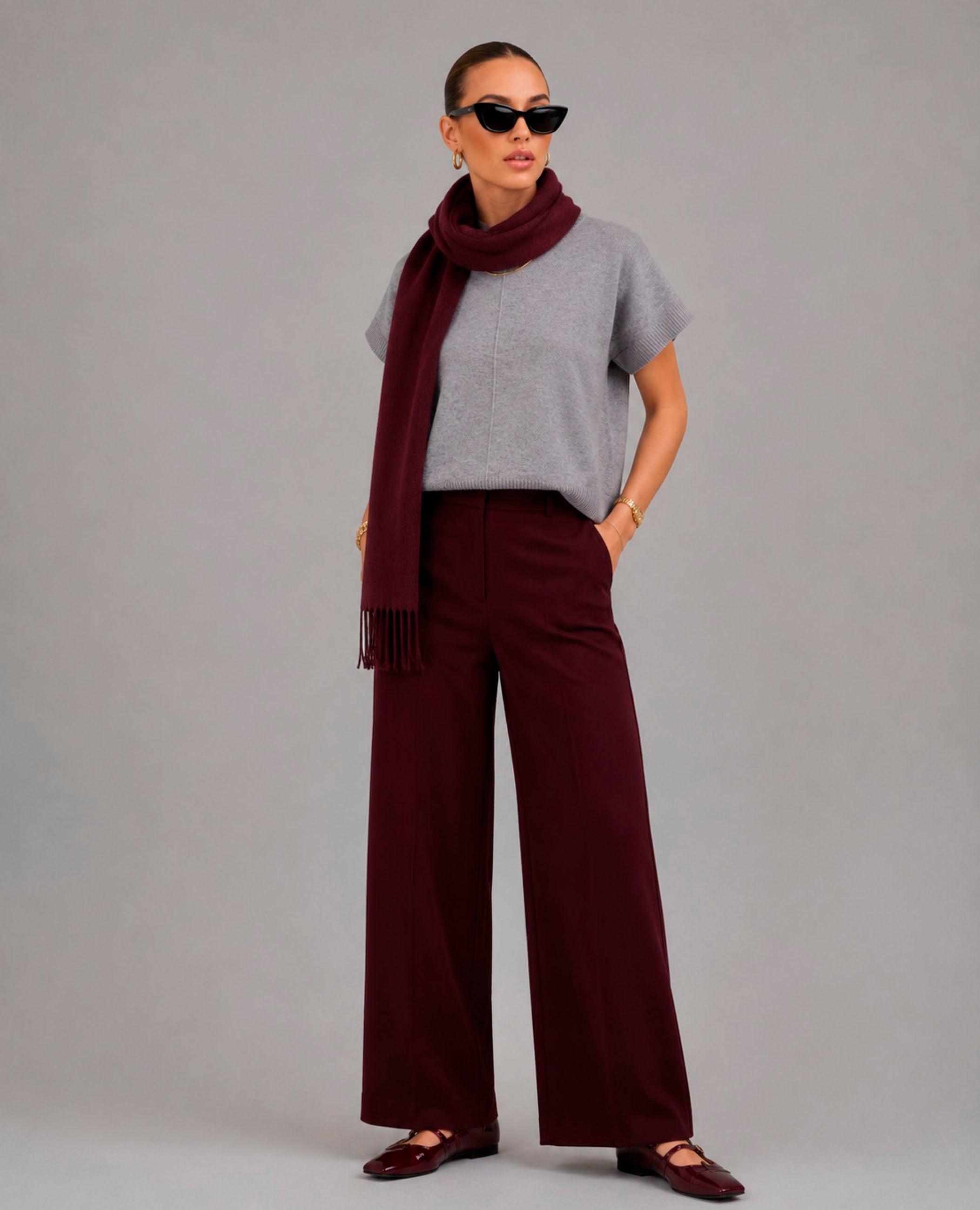 Pantalón ancho de mujer con tejido fluido - Dolores Promesas - Granate Granate-1