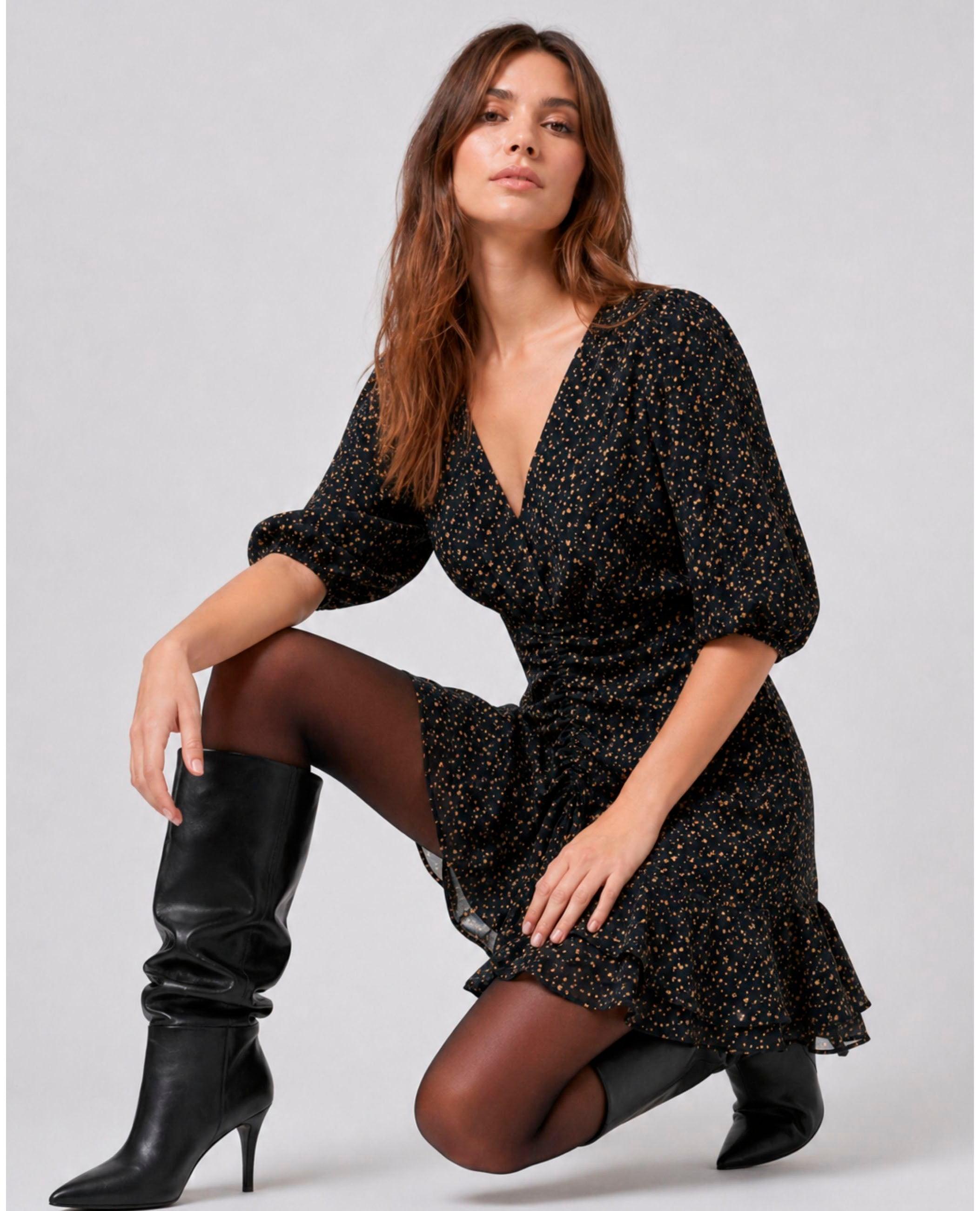 Vestido corto kaia con manga abullonada - Dolores Promesas - Negro Negro-3