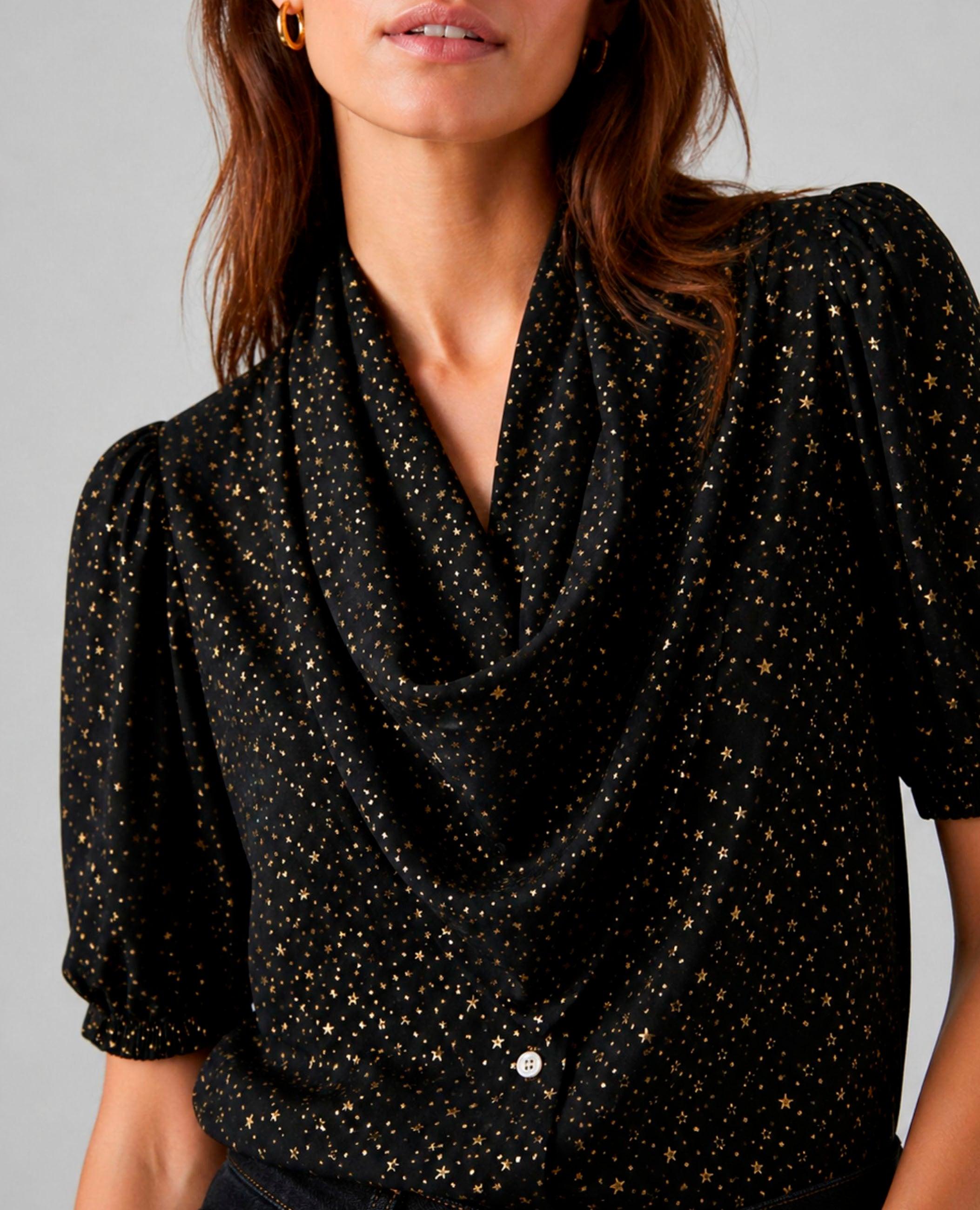 Blusa de mujer kaia con cuello drapeado y manga abullonada - Dolores Promesas - Negro Negro-1