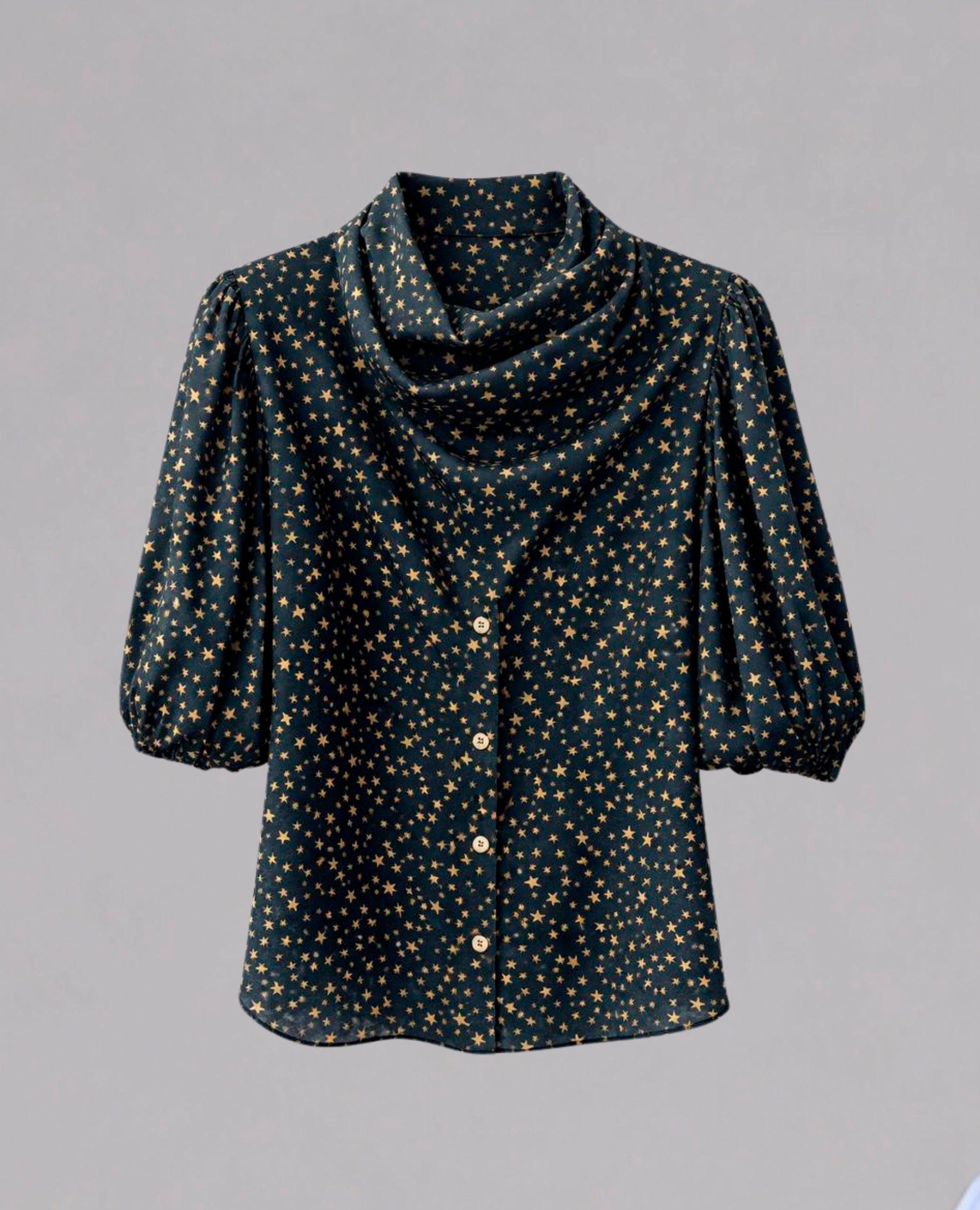 Blusa de mujer kaia con cuello drapeado y manga abullonada - Dolores Promesas - Negro Negro-4