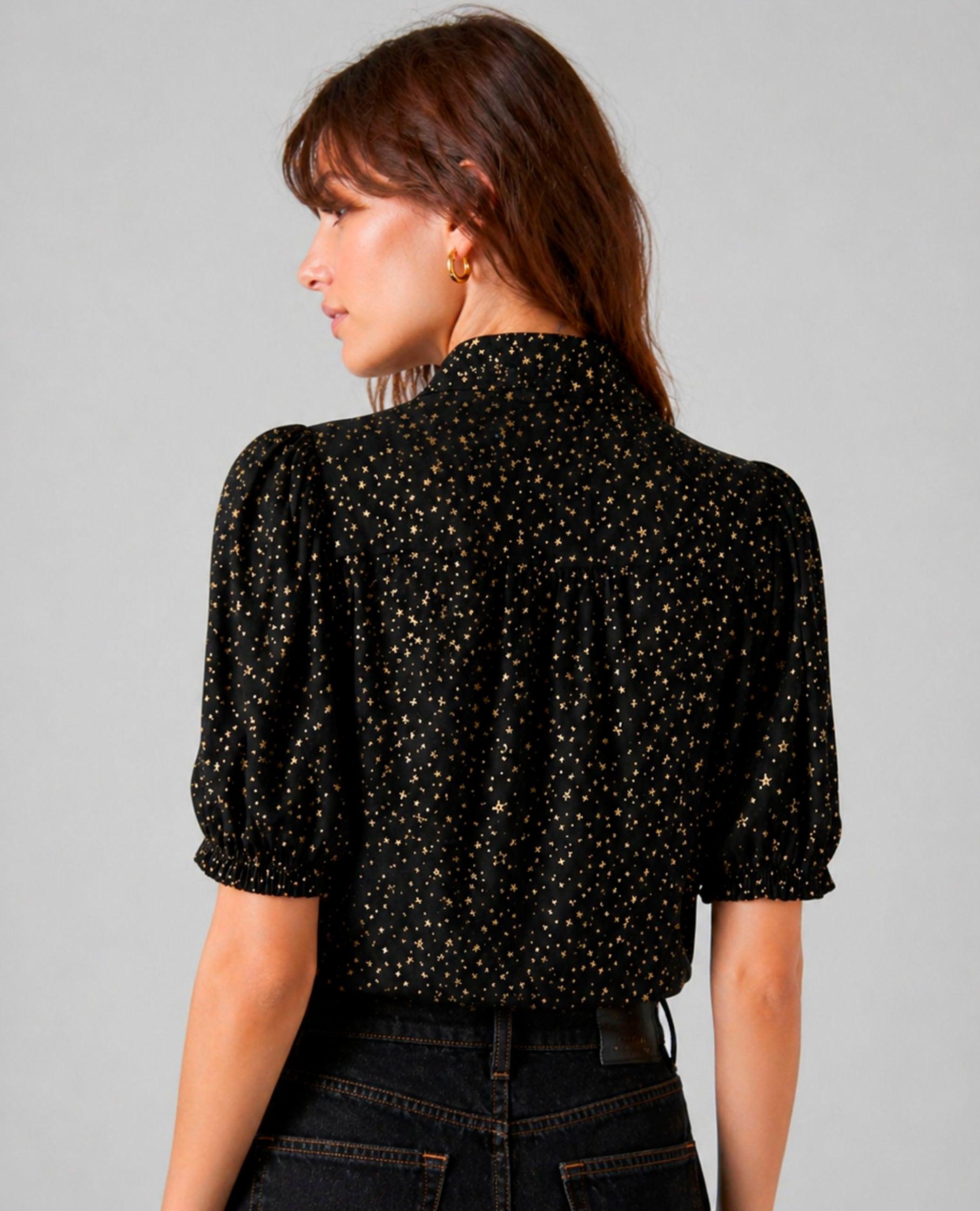 Blusa de mujer kaia con cuello drapeado y manga abullonada - Dolores Promesas - Negro Negro-3
