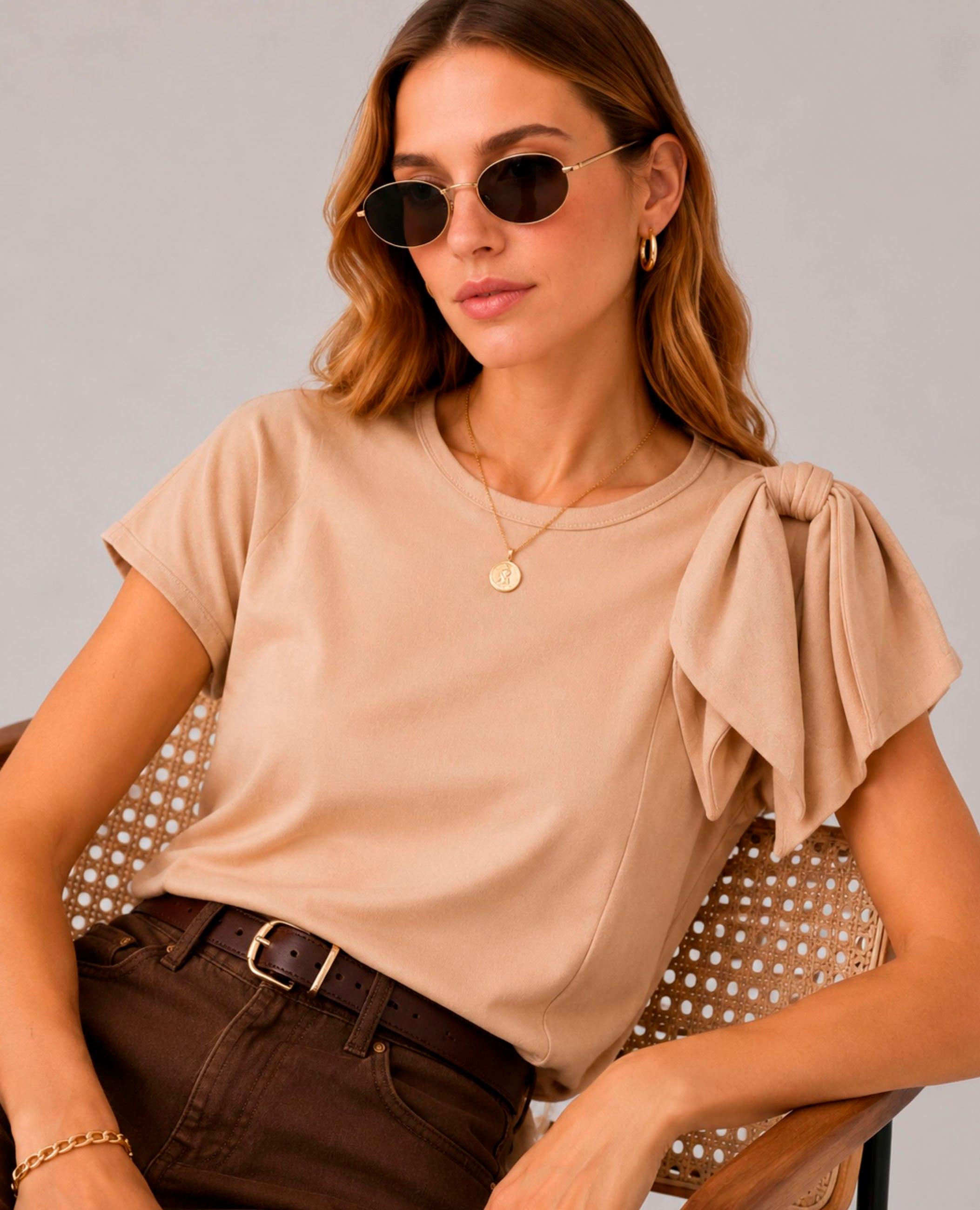 Camiseta de manga corta de mujer nicky lazada al hombro - Dolores Promesas - Beige Beige-1