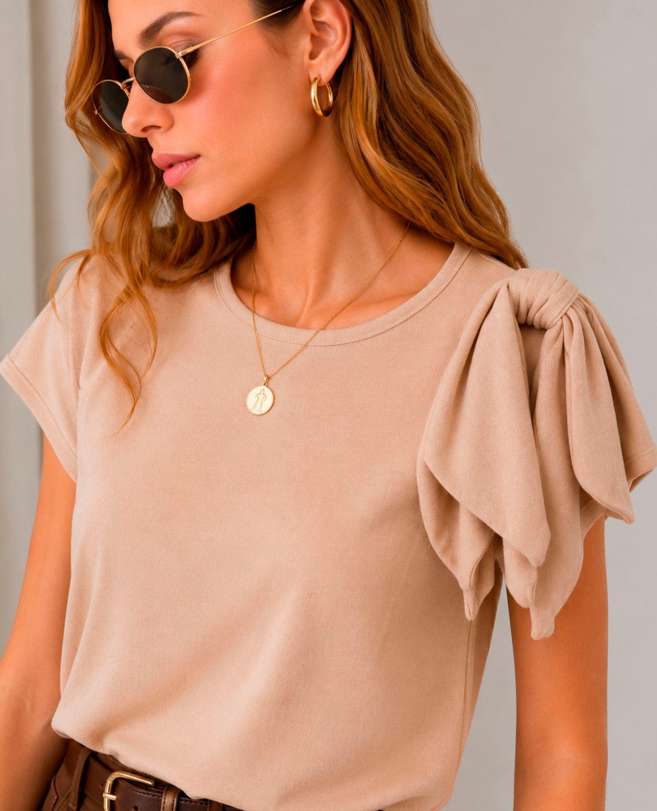 Camiseta de manga corta de mujer nicky lazada al hombro - Dolores Promesas - Beige Beige-3