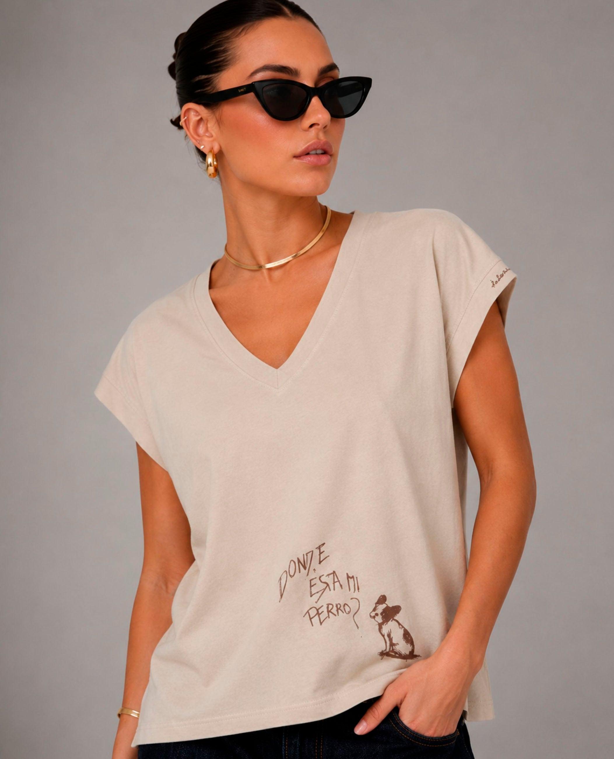 Camiseta de manga corta de mujer ula con cuello pico - Dolores Promesas - Natural Natural-1