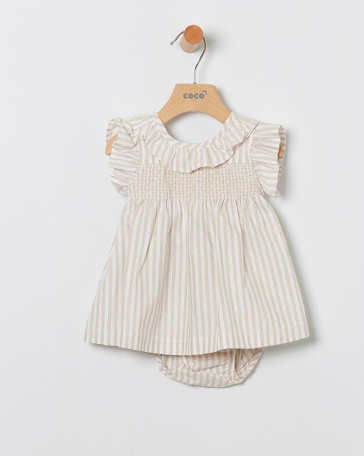 Imagen 0 de Vestido de bebé niña de algodón a rayas con braguita a juego