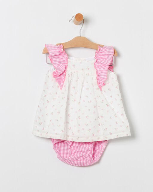 Imagen 0 de Vestido de bebé niña con detalles en vichy a juego con la braguita