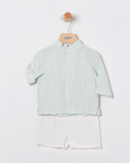 Imagen 0 de Conjunto de bebé niño de camisa a rayas y short liso de lino