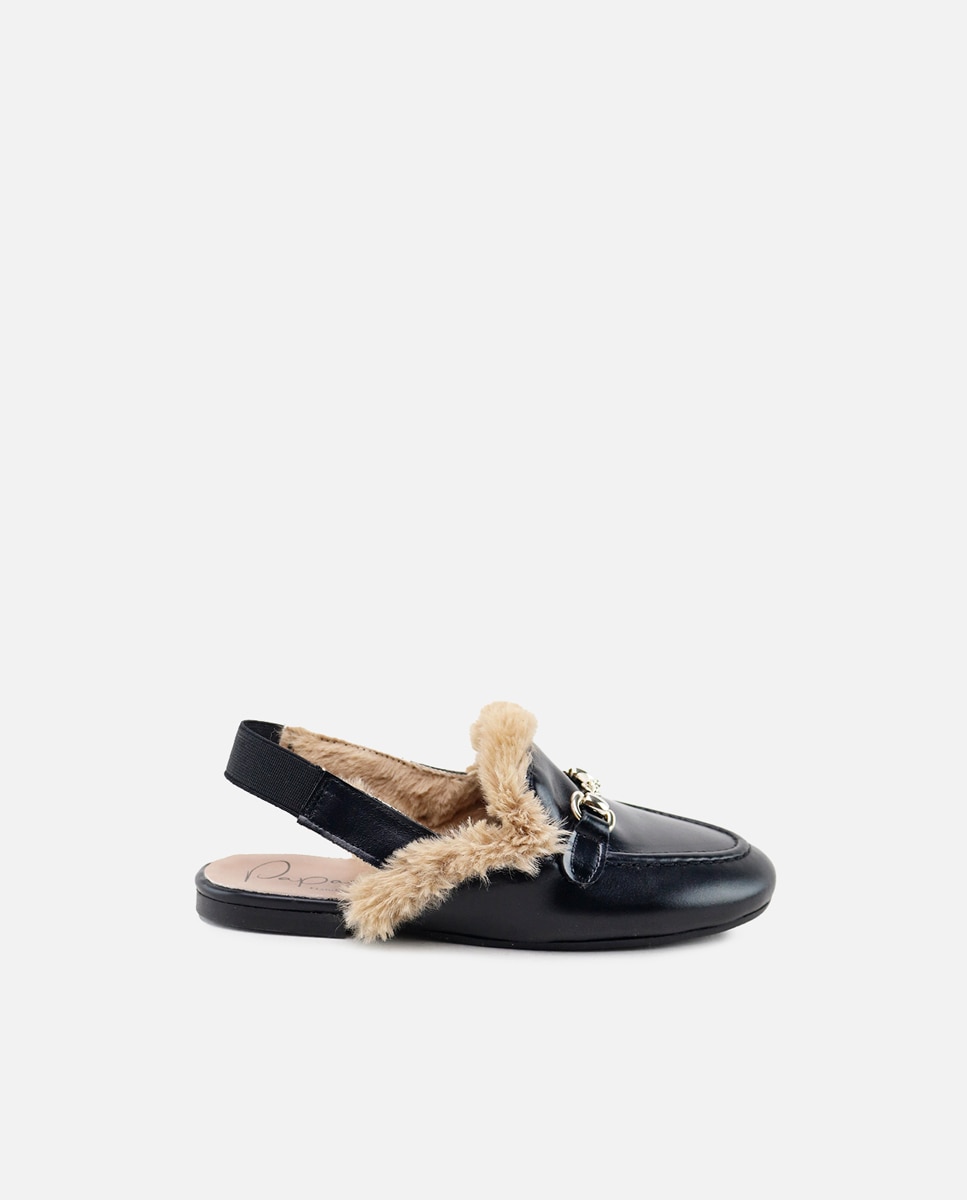 Imagen 0 de Slippers de niña en piel con forro de pelo Negro