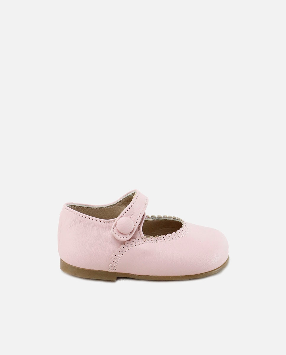 Merceditas de bebé en piel con botón - Eli 1957 - Rosa Rosa-1