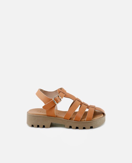 Imagen 0 de Sandalias de niña en piel natural tipo cangrejera con plataforma ligera y planta de gel